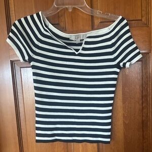 LOFT Black and White Striped Short Sleeve Ribbed Tee